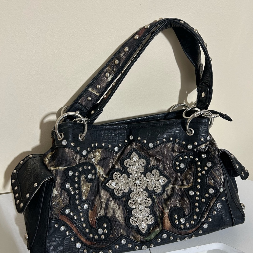 Blazin Camo Brown Studded Cross Shoulder Bag, Concealed to Carry
